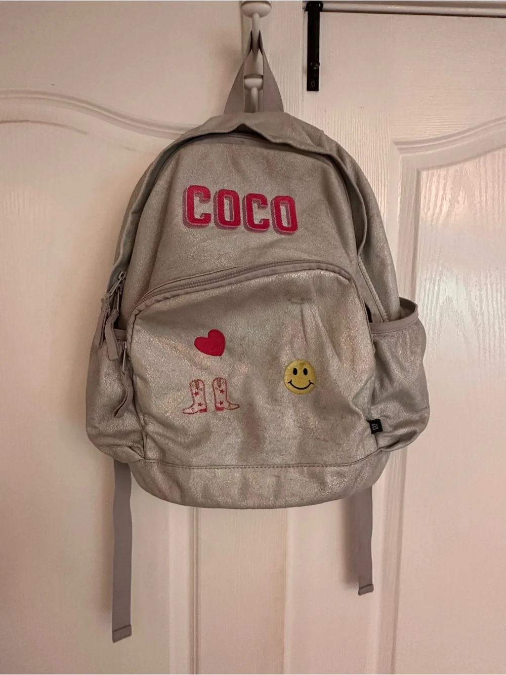 GAP Silver Glitter Kids Backpack with Pink COCO - custom embroidered